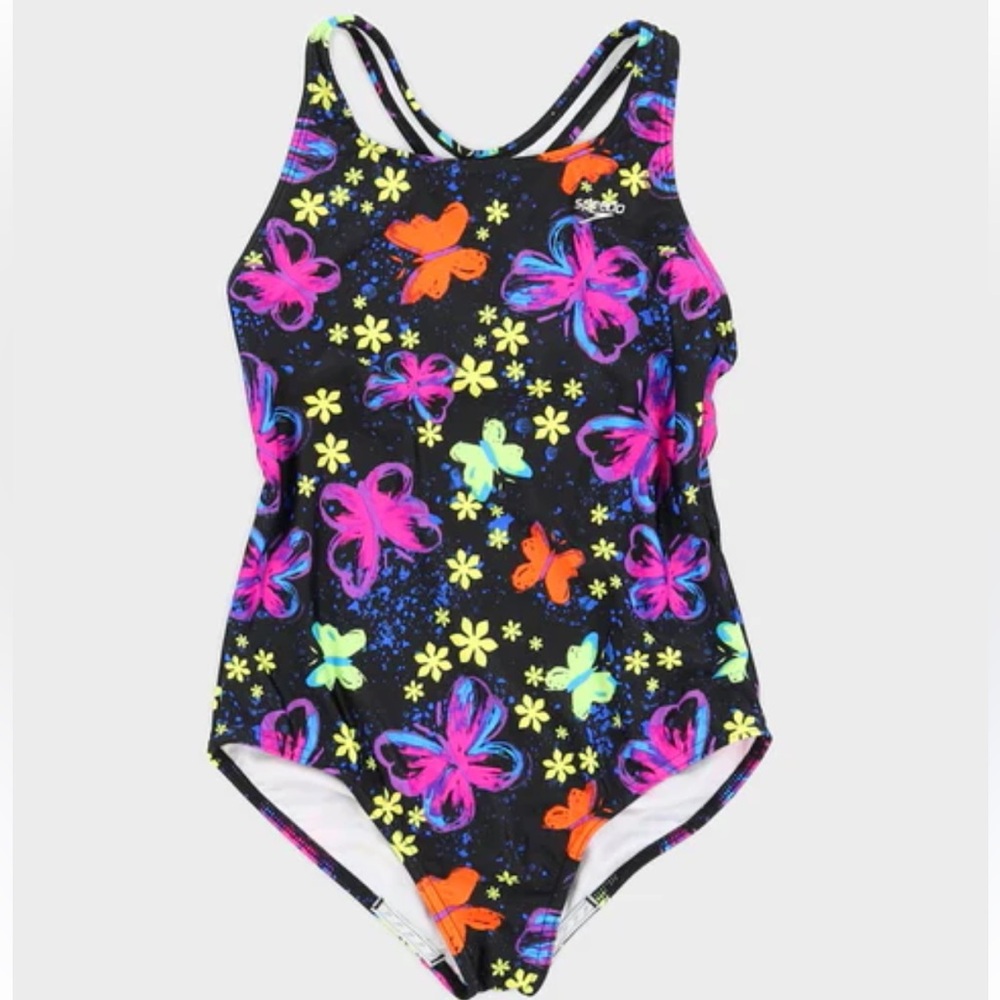 Speedo Girl’s Black Butterfly Print One Piece Swim Suit Bathing Suit